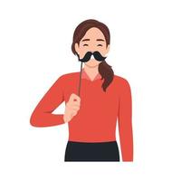 Young woman holding fake mustache. Flat vector illustration isolated on white background