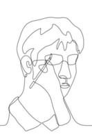 portrait of a man to whom someone's hand is applying makeup. One continuous line art make-up artist paints the man's eyebrows. Can be used for animation vector