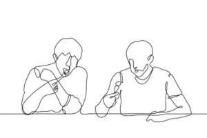 two men sit on one side of the table and eat informally with appetite. Each gourmet with an open mouth holds a fork with food. Vector one continuous line drawing of friends eating