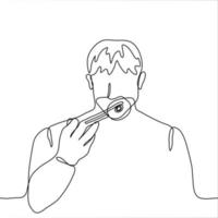 man holds sushi or roll with wooden chopsticks in front of his face, he prepared to eat. One continuous line drawing of Asian food, Japan vector