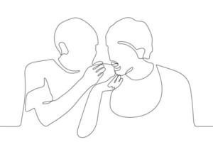 continuous line drawing of the silhouette of two men, one spoon-feed of the other, on which the bib is worn. Disabled nutrition, charity, volunteering, social assistance. Can be used for animation. vector