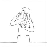 Girl eating cake from a plate licking finger. The girl is standing with a finger in her mouth, in her other hand is a plate with dessert. One continuous line drawing, can be used for animation vector