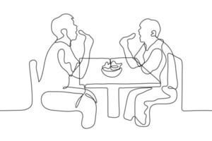 dos hombres comer pollo piernas a el mesa, su bocas son amplio abierto ellos son sentado opuesto cada otro Entre el chicos un lleno plato de alimento. uno continuo línea dibujo. lata ser usado para animación vector