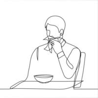 hombre toallitas su boca con un pañuelo de papel después comiendo - uno línea dibujo. un hombre se sienta a un mesa terminado un redondo profundo plato y toallitas su cara con un cocina servilleta vector