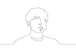 uno continuo línea dibujo silueta de un joven hombre con un pirulí en su boca. retrato en el espalda de un hermoso hombre con un hinchado mejilla y un palo fuera de su boca. para animación. vector