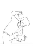 continuous line art chef pouring something from a bottle into a boiling pot. A man stands bent and cooks in a cook hat and uniform over a lit stove with a dish. Vector stock illustration