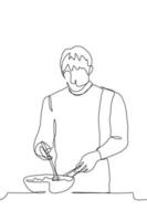 male chef stands over a deep frying pan, in which a large spoon is stirring the dish being prepared, with his other hand he holds the handle vector