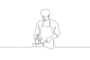 Continuous line drawing of a male cook in an apron holding a spoon which interferes with food in the pan. A man stands the stove and cooks. It can be used for animation. Vector