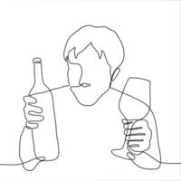 alcoholic with bottle and empty glass. one line drawing of a man about to drink wine or invites to drink wine in his company vector