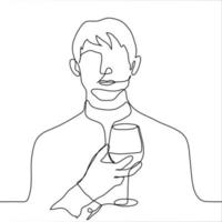 drawing of a short-haired man holding a round glass of drink in front of him. one continuous line of pictures a man is trying alcohol, a sommelier, a guest at a banquet vector