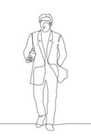 man goes in a coat holding a cup of coffee coffee to go, takeaway. One continuous line drawing of a full-length man walking, going to work, meeting, it's windy outside vector