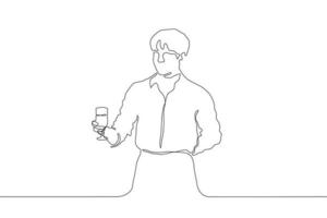 One continuous line drawing. A young attractive man holds a glass with a drink in his right hand, the left is laid behind. Waiter in a shirt and apron vector