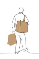 man walks away or walks with his back to the viewer with large craft bags - one line drawing vector. concept big purchases vector