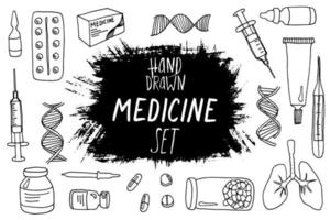hand drawn vector set on a medical theme in doodle style medicine, tablet, capsule, syringe, tube, ointment, box, packaging, dna, rna, molecule, spiral, lungs, thermometer, jar of capsules, dropper
