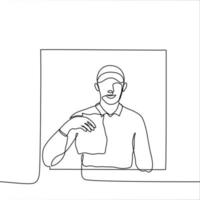 hombre en corporativo uniforme sostiene fuera un paquete con un orden y sonrisas desde un cuadrado ventana. uno línea dibujo de un cajero-camarero transferencias pagado comida mediante el conducir en sistema vector