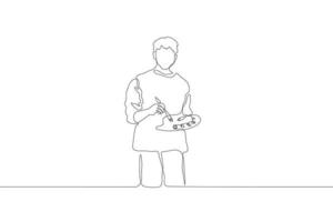 Continuous line art a young artist with a palette in his hands and a brush is facing the viewer. A man with short hair in simple clothes. Can be used for animation. The concept of creativity vector