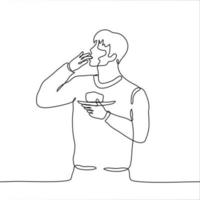 A man is standing, holding a plate with a piece of cake, he licks his other hand. One continuous line drawing of a guy licking a finger stained in a cake. Can be used for animation. vector