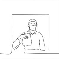 an employee in uniform and a mask stands in the food dispensing window and holds out an order. one line drawing concept of servicing drive in vector