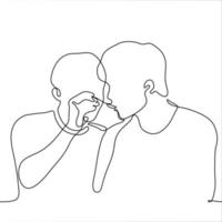 Two men, one of whom feeds the other from a spoon. one continuous line art spoon feed caring for an adult, treating with a treat, giving medicine to a patient, tasting food vector