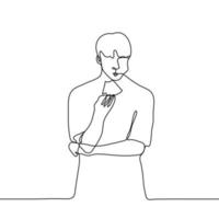 man eats a watermelon, he stands with his arms crossed, his cheek is bulging, his mouth is tightly closed. One continuous line drawing of a man eating a fruit, piece of watermelon with an appetite vector