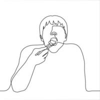 hombre comiendo con palillos. uno línea dibujo de un hombre con su boca amplio abierto pone un grande pedazo de comida en su boca utilizando palillos vector