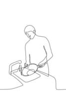 man washing dishes - one line drawing vector. a householder or waiter washes a large frying pan while standing in front of the sink with the tap on vector