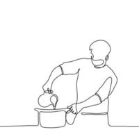 hombre es Cocinando a el cocina. uno continuo línea Arte de un hombre participación un buque y torrencial líquido leche, vegetal aceite, agua, caldo dentro un maceta en el estufa vector