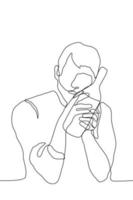 drunk man sits lovingly clutching a bottle of alcohol. one continuous line drawing concept alcoholic, drink addict cannot physically break away from alcohol vector