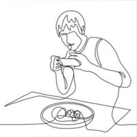 el chico toma un foto de comida en el teléfono. uno continuo línea dibujo de un hombre haciendo un comida foto. lata ser usado para animación. vector