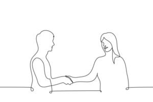 man and woman shaking hands, they are smiling at each other - one line drawing vector. the concept of a pleasant meeting or acquaintance of a man and a woman vector