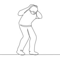 man stands with his knees bent and his head covered with his hands - one line drawing vector. concept hostage vector