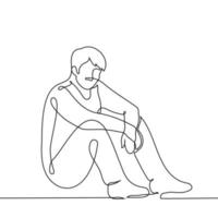 lleno longitud hombre se sienta en el piso con su codos en su rodillas - uno línea dibujo vector. concepto dilación, sentar en el piso o suelo vector