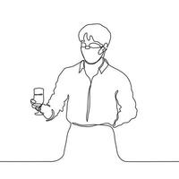 hombre en un mascarilla, camisa y delantal sostiene un extendido vaso de beber, su otro mano es oculto detrás su atrás. uno línea dibujo de un camarero trajo un alcohólico bebida vector