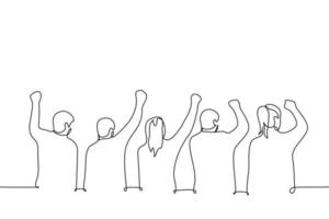 group of people with raised fists standing with their backs to the viewer - one line drawing vector. concept protest, rally, strike, crowd chanting vector