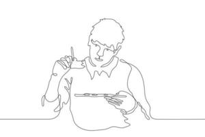 continuous line art portrait of a young male artist who paints with a brush on an invisible plane in front of him, in his other hand he holds a palette vector