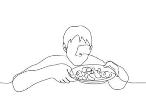 man shows the contents of his plate one line drawing vector. the blogger shows his food to the camera to viewers during the stream. online cooking vector