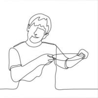 Young guy smiling while holding a round empty tray, large plate. One continuous line drawing of a young man benevolently showing empty crockery. vector