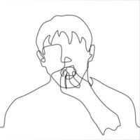 portrait of a man who shoves food into his wide open mouth. One continuous line drawing of a man eating with appetite, greedily vector