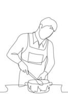 hombre en un delantal es emocionante comida en un cacerola en el estufa - uno línea dibujo. cocinero, Cocinando amante prepara comida vector