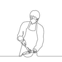 male chef is cooking with a mask on his face. one line drawing of a chef in a mask and wearing a frock-coat whisking eggs in a deep bowl vector