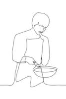 masculino cocinero cocinar con un fritura cacerola. uno continuo línea dibujo de un Cocinando hombre. vector ilustración de cocinando.