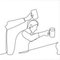 man sits at the table stretching out his glass of beer to clink glasses, above him is a hand with a glass of a nearby neighbor - one line drawing. the concept of  bar, corporate party, Oktoberfest vector