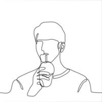 Portrait of a man drinking a drink from a glass using a straw. One continuous line drawing of a guy quenching thirst vector