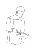 male chef in a mask holds a deep frying pan with both hands. one line drawing a chef in a restaurant prepares a dish with hygiene vector