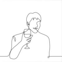 hombre participación un vaso de vino y sonriente - uno línea dibujo. brindis concepto vector