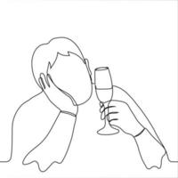 hombre sostiene un vaso de champán y mira a él, su otro mano accesorios su cabeza - uno línea dibujo. el concepto de un triste día festivo, Bebiendo alcohol solo, alcoholismo vector
