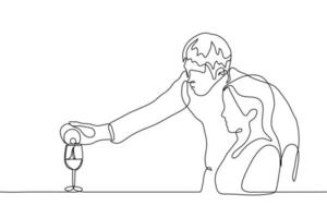 A waiter man pours wine into a glass to a woman visitor to a restaurant. One continuous line drawing of a man treats a woman with wine, leaning over her. vector