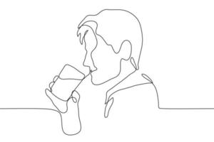 Portrait of a man in profile with a glass of drink brought to his mouth. One continuous line art guy is about to drink water vector