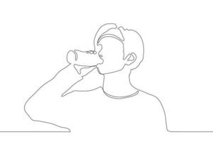 continuous line art a young man in a sports bandana drinks from a bottle. The concept of quenching thirst, harm of plastic bottles vector