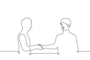 men shaking hands, one is smiling and the other is dissatisfied - one line drawing vector. concept of non-reciprocal feelings, hating someone vector